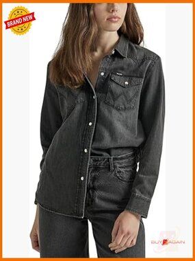 Oversized Denim Snap Shirt Long Sleeve Button Down Blouse